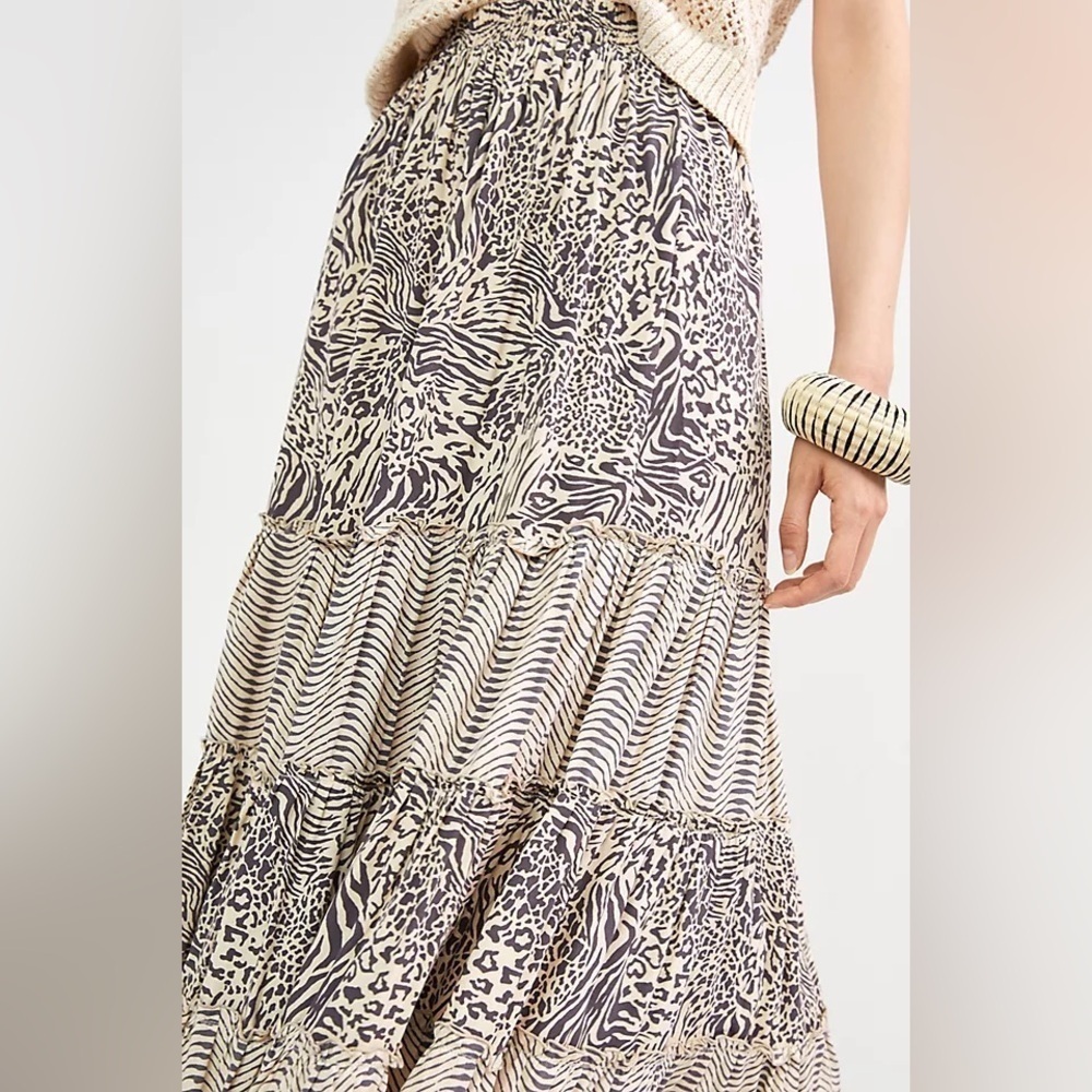Beachgold Anthropologie Animal Print Midi Stretch Tiered Skirt